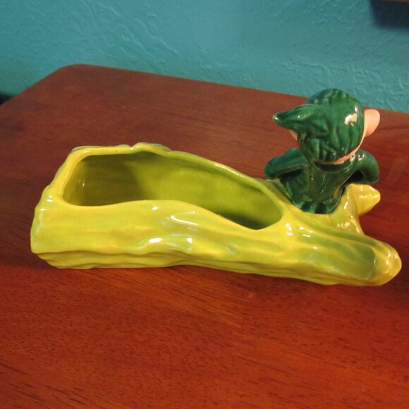 Green California Pottery Elf on a Log Ceramic Planter - Picture 2 of 3